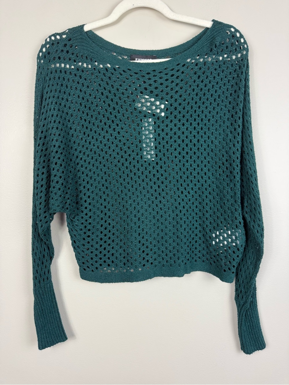 Express Open Knit Top Womens XS Green Crochet Dolman Long Sleeve Y2K Grunge NWT